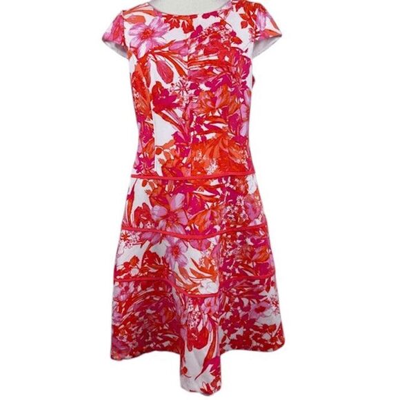 Sandra Darren Sheath Dress Tier Full Skirt Cap Sleeve Pink Orange Floral Size 10 - Picture 1 of 10